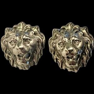 Vintage Silver Tone Screw Back Earrings Lion Head Solid Heavy Pat.No.3.178.475